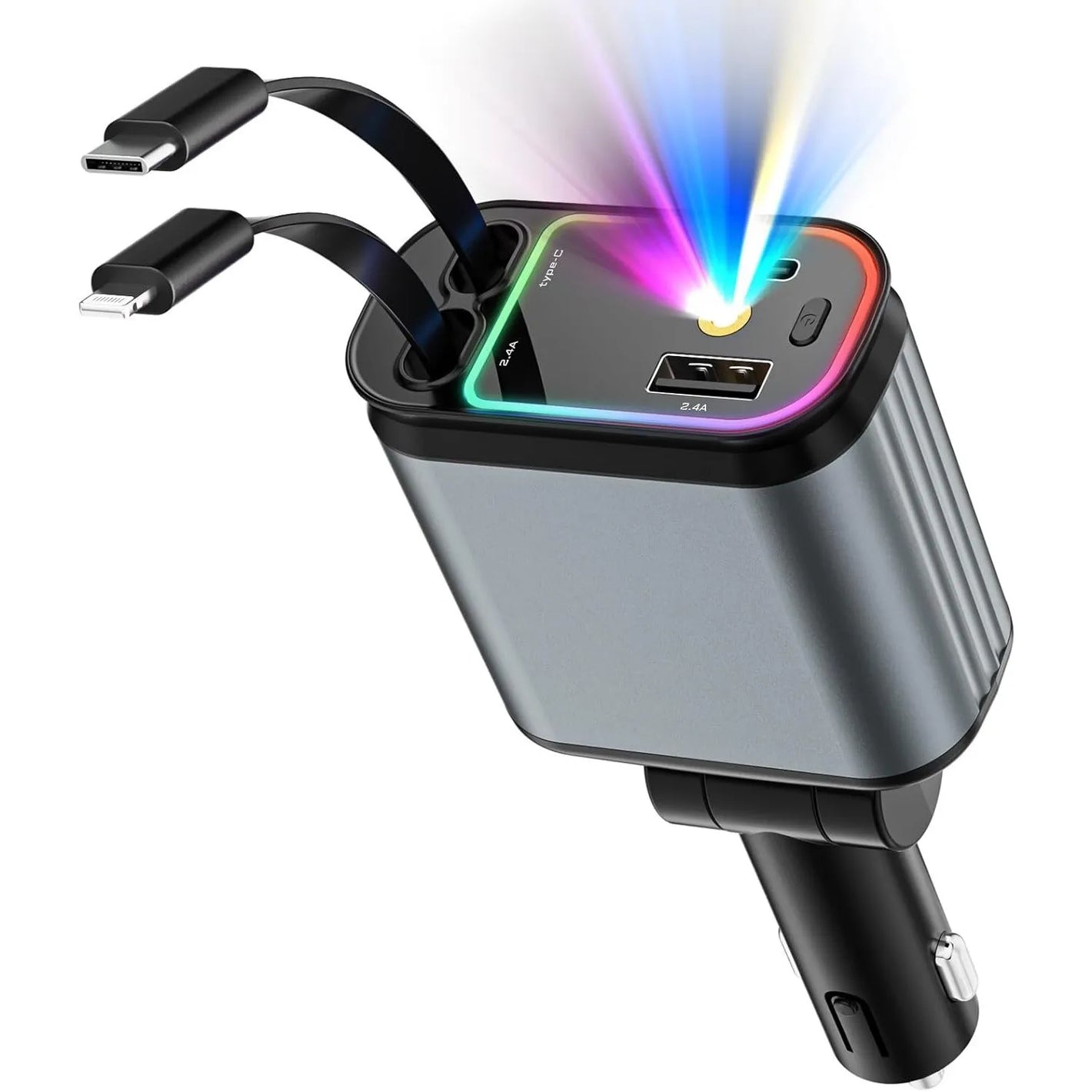 Încărcător Auto Retractabil 66W cu Starlight – Cablu USB-C + Cablu iPhone, Port USB și Port Tip-C