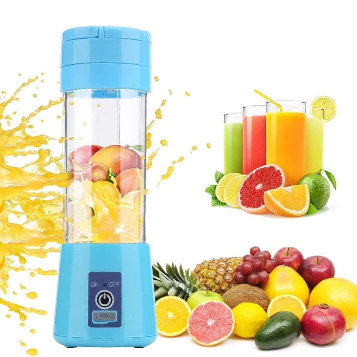 "Blender portabil USB, capacitate 380ml, culoare albastră, perfect pentru sucuri proaspete."