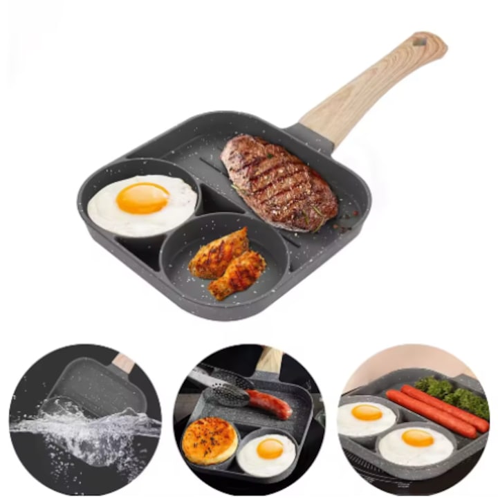 Tigaia cu 3 compartimente utilizată pentru gătirea unui ou, carne și legume, incluzând mai multe perspective ale produsului.