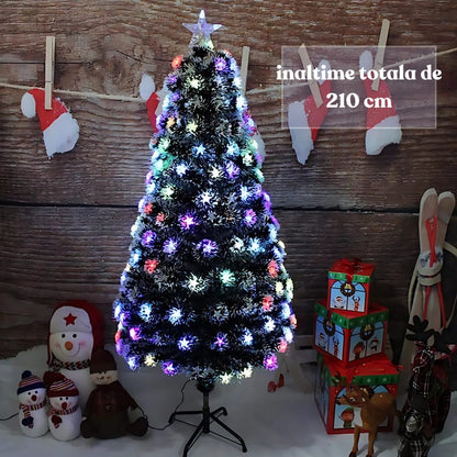Brad de Crăciun artificial de 210 cm cu fibră optică, ramuri dense, lumini multicolore și vârf decorativ în formă de stea