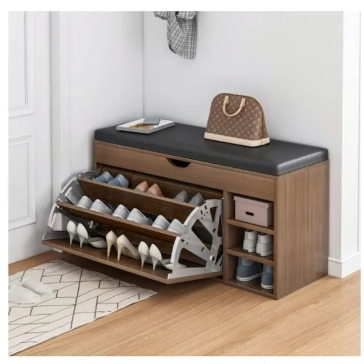 Dulap pantofi cu bancheta, organizator incaltaminte cu rafturi multiple, 100x34x50 cm, maro