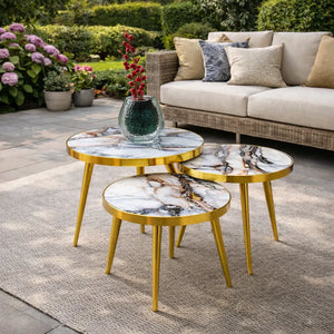 Set 3 Măsuțe de Cafea Tip Nesting – Rotunde, Alb și Auriu