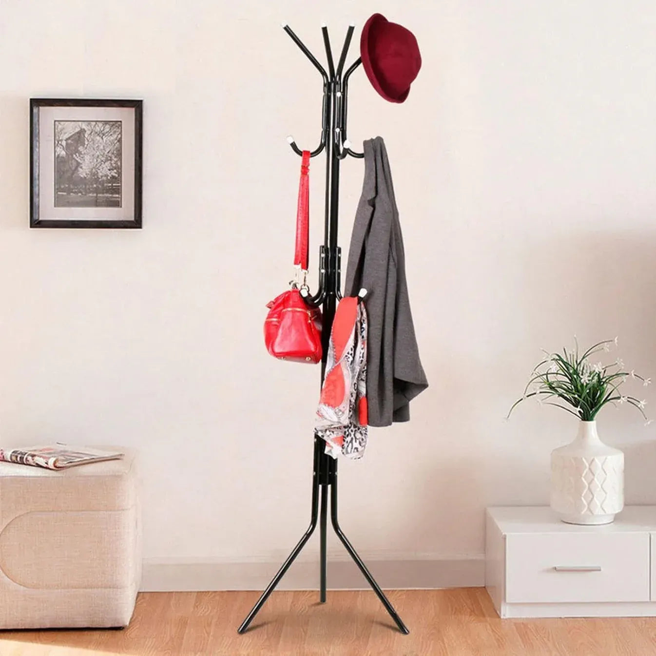 Cuier metalic tip pom, 12 cârlige, 42x165 cm, negru