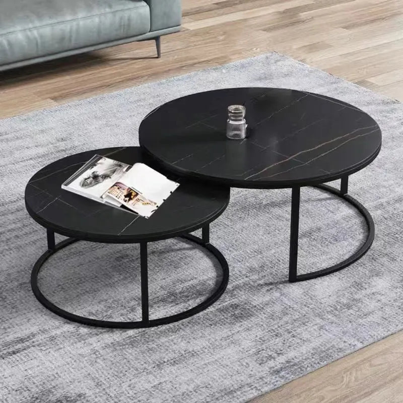 Set 2 Măsuțe Rotunde de Cafea cu Efect Marmură – Blat MDF 15 mm și Cadru Metalic