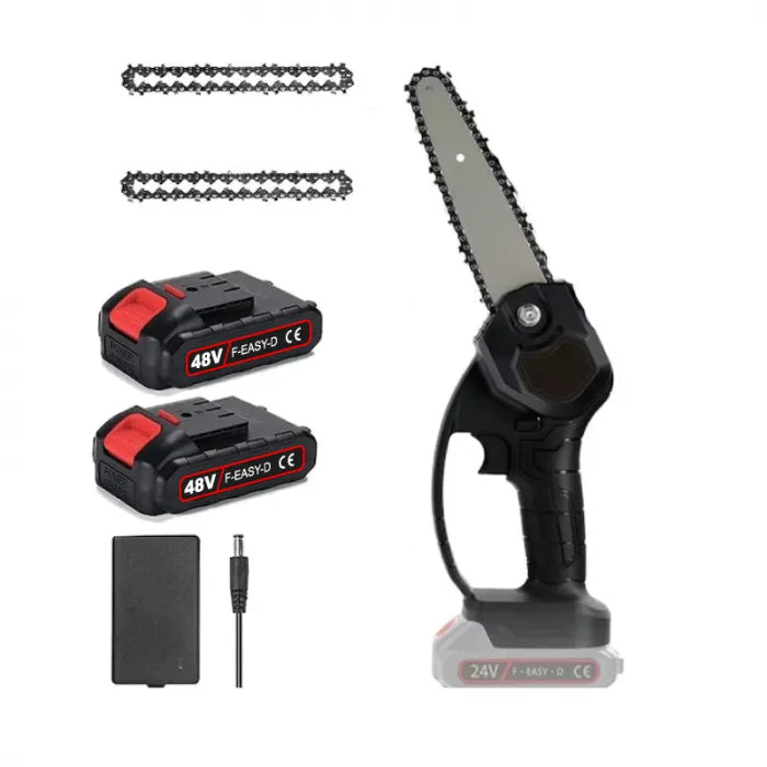 Mini Drujba tip Fierastrau cu Lant Electric Portabil, 2 Lanturi 6 inch, 2 Acumulatori 48V, Autonomie 4 Ore, 2 Manusi, Negru - imagine 2