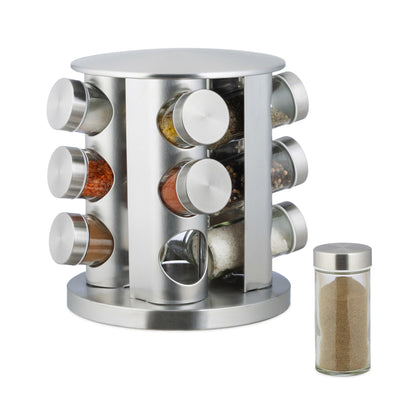 Set 12 Recipiente Condimente din Inox și Sticlă – Suport Rotativ 360°
