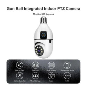Cameră de Supraveghere Tip Bec cu 2 Obiective – Wi-Fi 2.4G, 1080p FHD, Senzor Mișcare, Night Vision