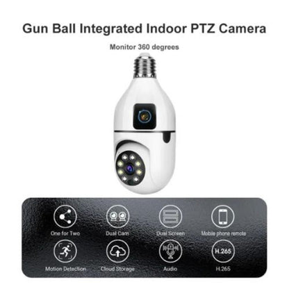 Cameră de Supraveghere Tip Bec cu 2 Obiective – Wi-Fi 2.4G, 1080p FHD, Senzor Mișcare, Night Vision