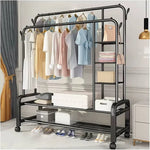 Suport Dublu de Umerase pentru Haine, Stand Metalic Organizator, 162x110cm, Negru, cu Roti
