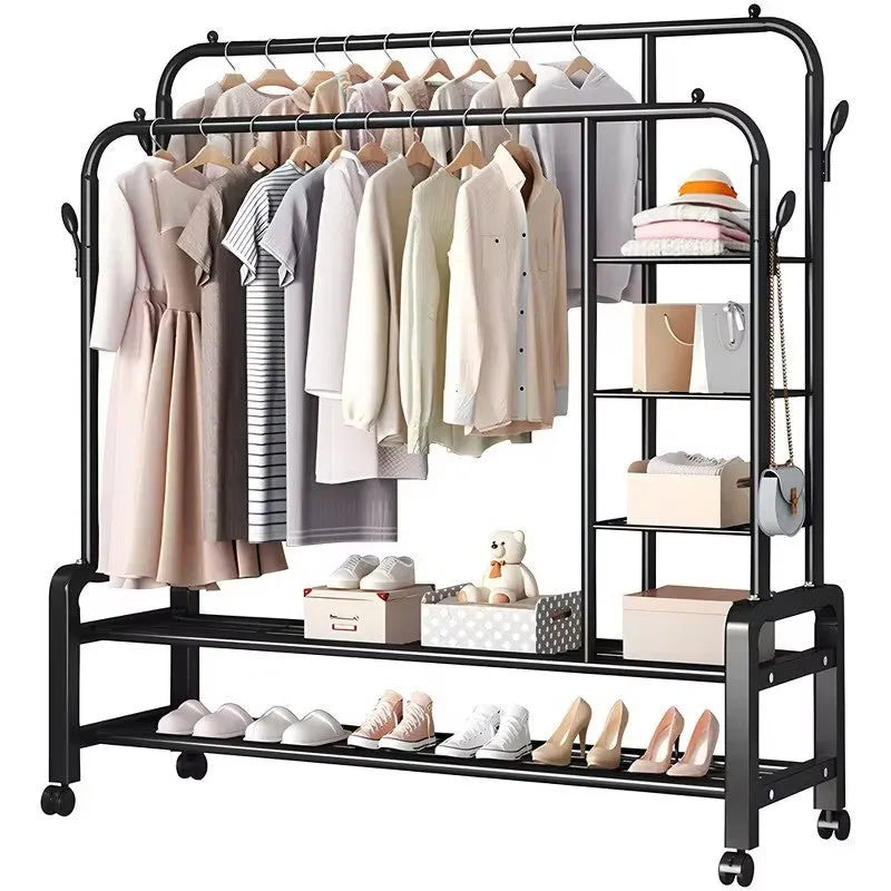Suport Dublu de Umerase pentru Haine, Stand Metalic Organizator, 162x110cm, Negru, cu Roti - imagine 2
